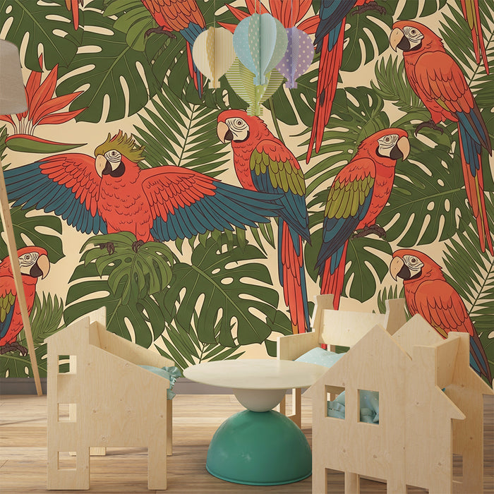 Kids room wallpaper | Värvilised papagoid ja troopiline lehestik