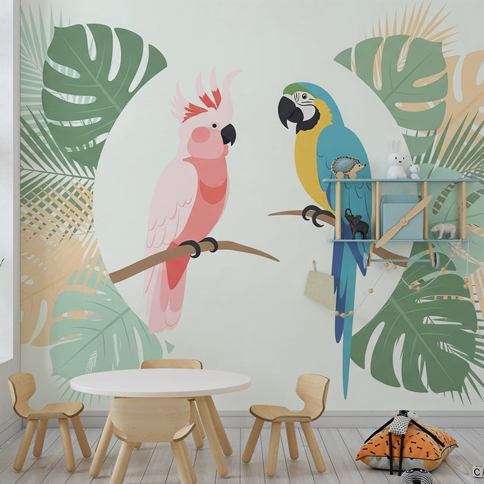 Tapet pentru cameră de copii | Papagali colorați și frunziș tropical