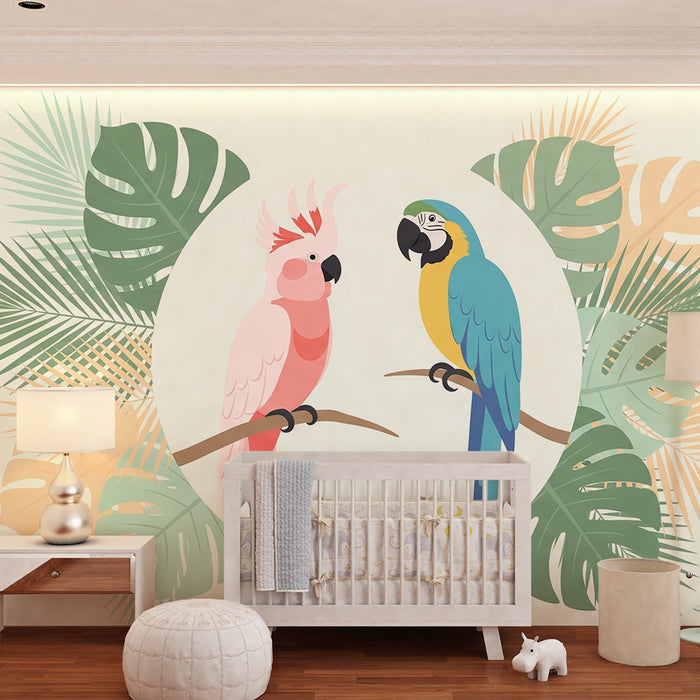 Tapet pentru cameră de copii | Papagali colorați și frunziș tropical