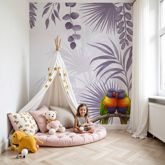 Papel de parede criança | Papagaios coloridos e folhagem tropical em tons suaves