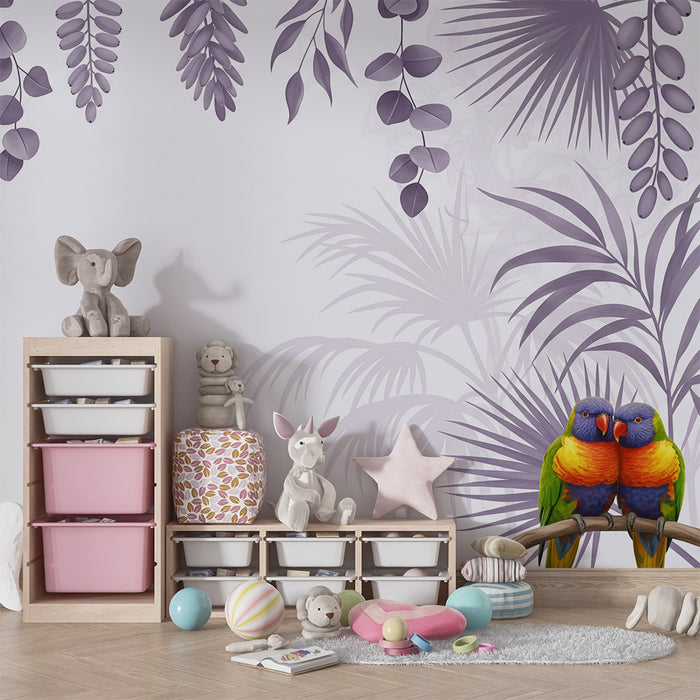 Papel de parede criança | Papagaios coloridos e folhagem tropical em tons suaves