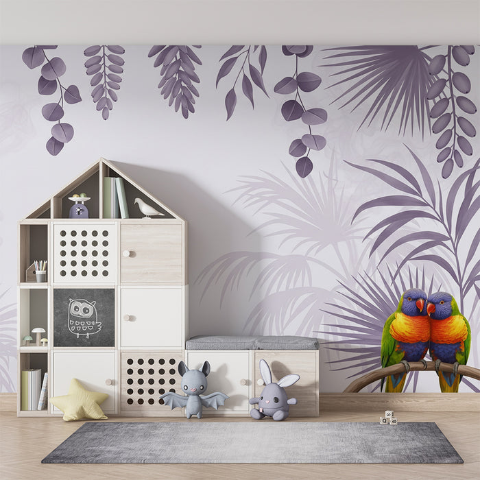Papel de parede criança | Papagaios coloridos e folhagem tropical em tons suaves