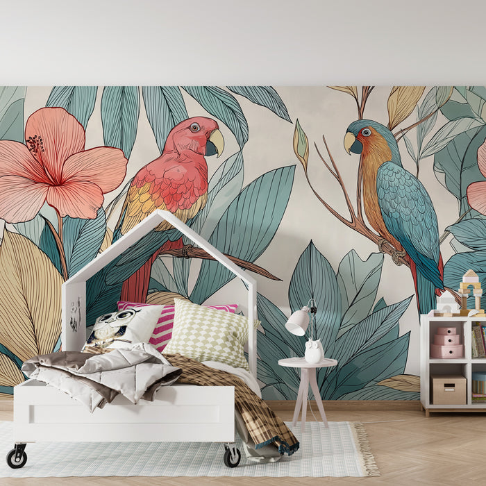Papier peint chambre enfant | Perroquets colorés et fleurs tropicales