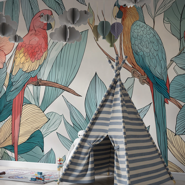 Papier peint chambre enfant | Perroquets colorés et fleurs tropicales