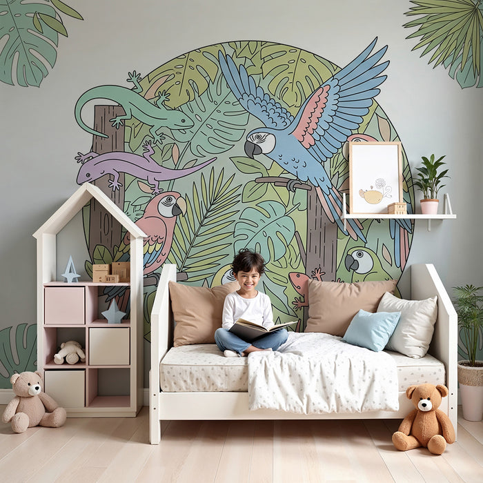 Kinderkamer behang | Kleurrijke papegaaien en hagedissen in een tropische jungle