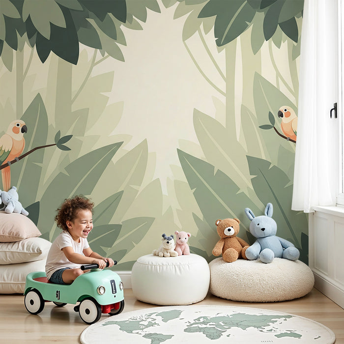 Papel pintado infantil | Loros coloridos posados en una jungla frondosa