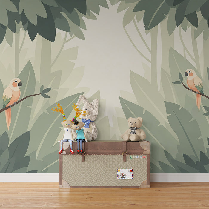 Papel pintado infantil | Loros coloridos posados en una jungla frondosa