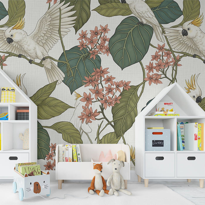 Papel de parede criança | Papagaios e folhagem tropical em fundo claro