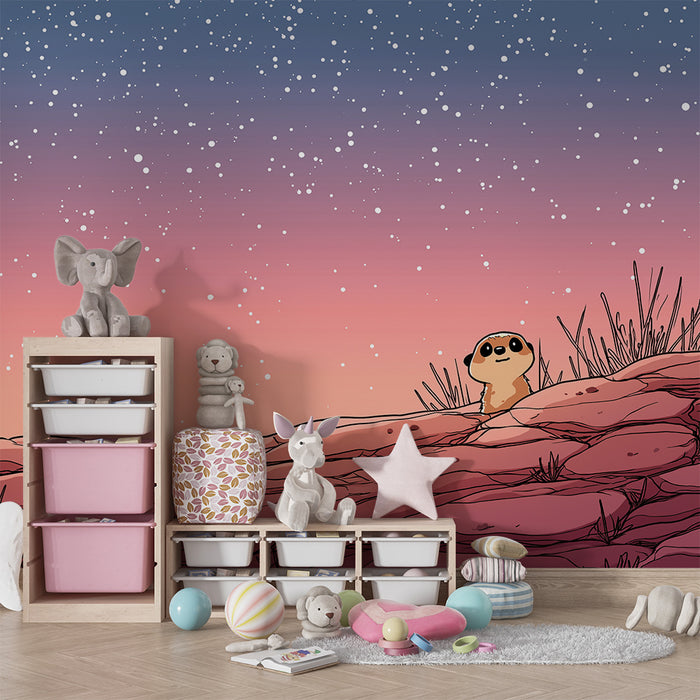 Gyerekszoba tapéta | Kíváncsi kis állat egy csillagos ég alatt
