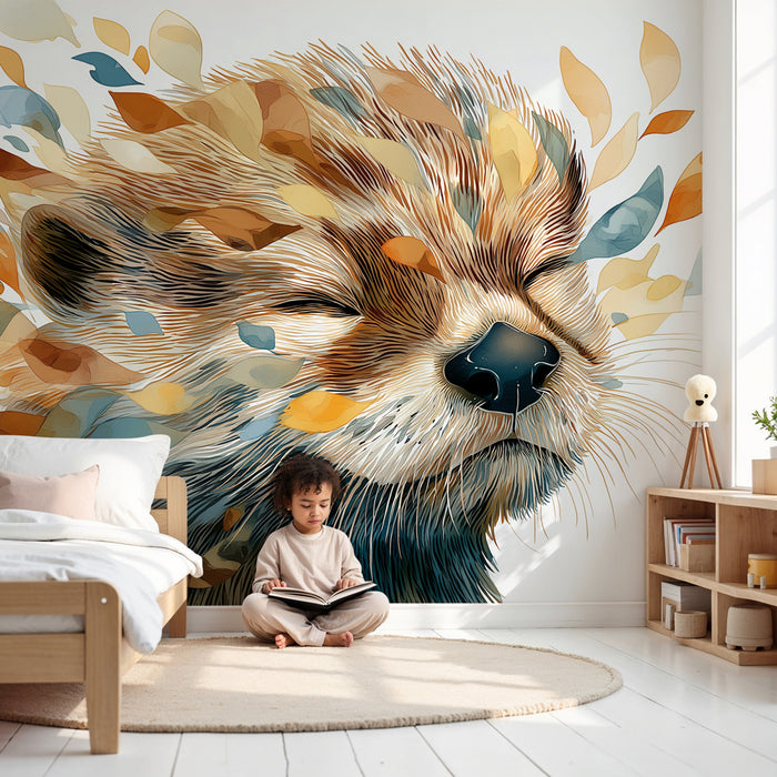 Papier peint chambre enfant | Petit animal endormi aux feuilles colorées