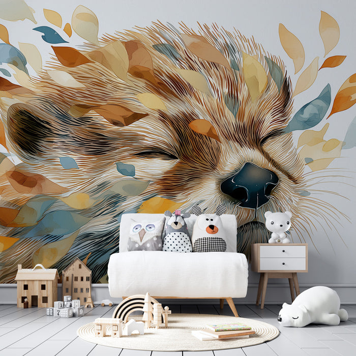 Papier peint chambre enfant | Petit animal endormi aux feuilles colorées