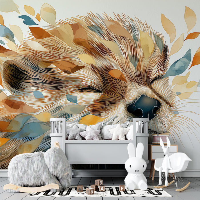 Papier peint chambre enfant | Petit animal endormi aux feuilles colorées