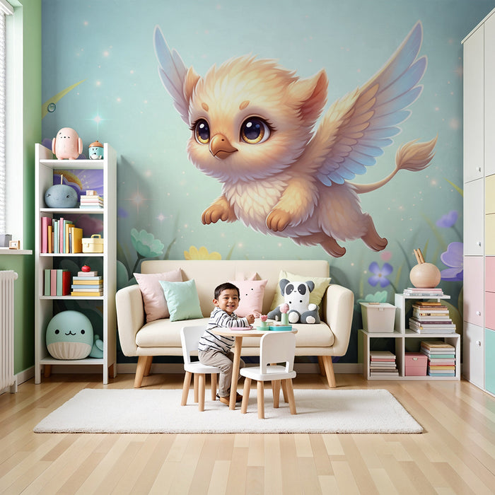 Kinderzimmer Tapete | Kleines fantastisches fliegendes Tier unter bunten Blumen