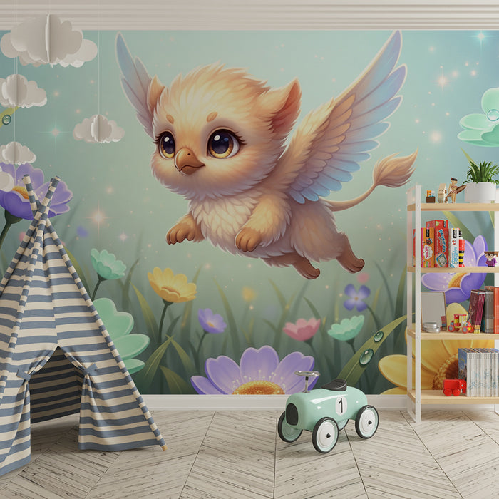 Kinderzimmer Tapete | Kleines fantastisches fliegendes Tier unter bunten Blumen