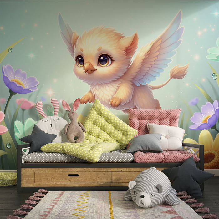 Kinderzimmer Tapete | Kleines fantastisches fliegendes Tier unter bunten Blumen