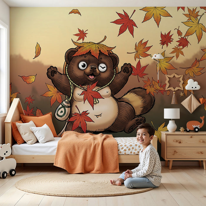 Papier peint chambre enfant | Petit animal joyeux dans un tourbillon de feuilles d'automne