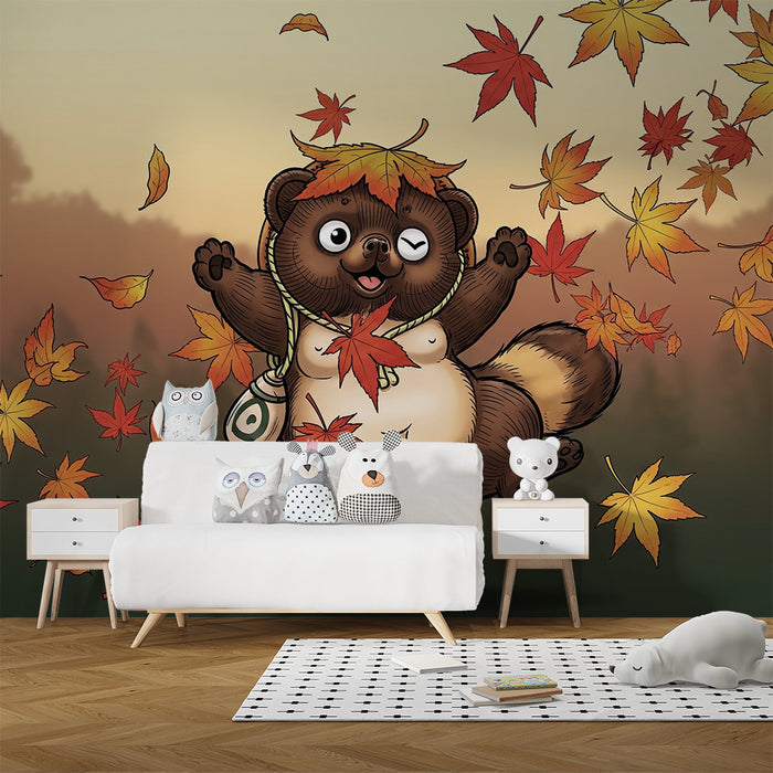 Papier peint chambre enfant | Petit animal joyeux dans un tourbillon de feuilles d'automne