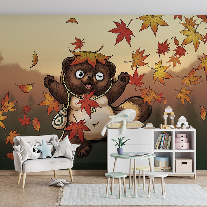 Papier peint chambre enfant | Petit animal joyeux dans un tourbillon de feuilles d'automne