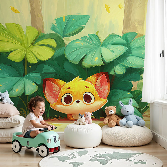 Papírová tapeta dětského pokoje | Malé roztomilé zvířátko skryté v bujné džungli