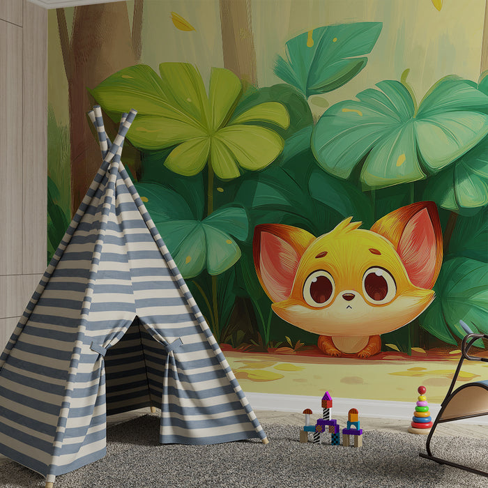 Papírová tapeta dětského pokoje | Malé roztomilé zvířátko skryté v bujné džungli