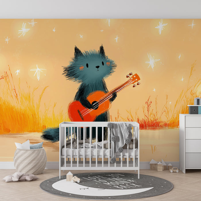 Kids room wallpaper | Small musician animal under the stars