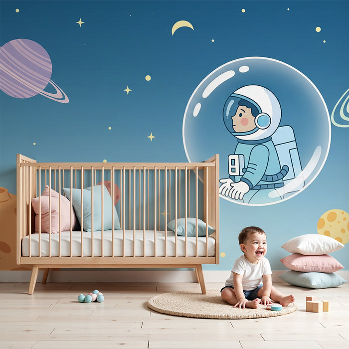 Barntapet | Liten astronaut utforskar rymden med färgglada planeter