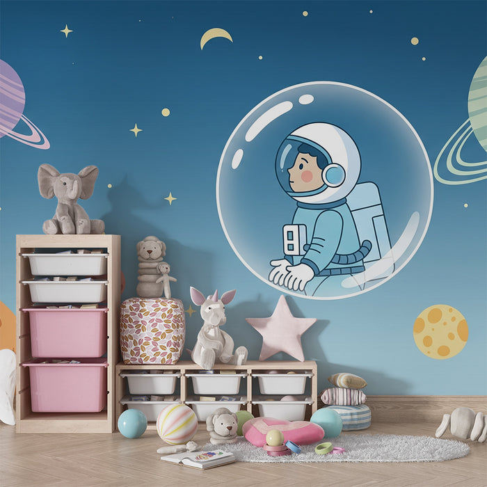 Barntapet | Liten astronaut utforskar rymden med färgglada planeter
