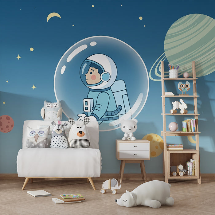 Barntapet | Liten astronaut utforskar rymden med färgglada planeter
