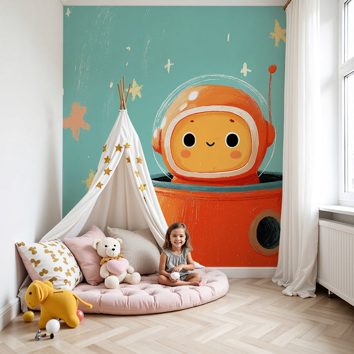 Tapet barnerom | Liten smilende astronaut i stjernespacet