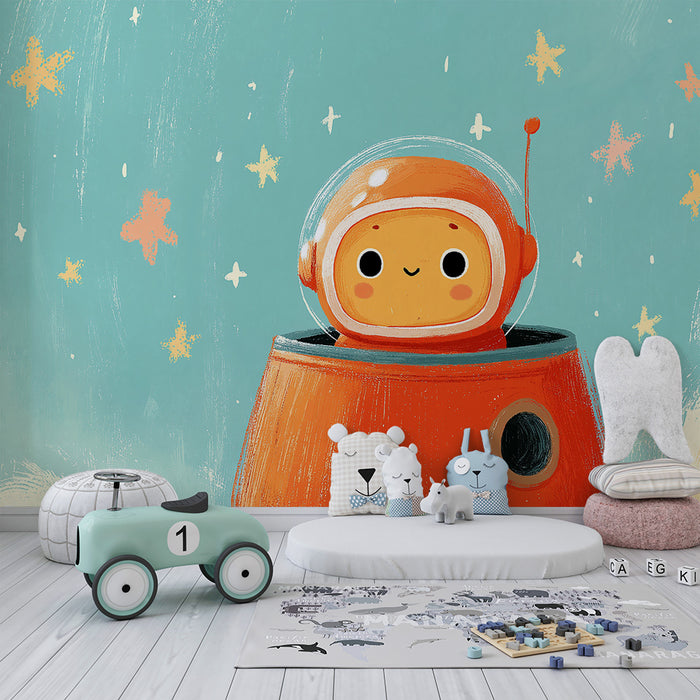 Tapet barnerom | Liten smilende astronaut i stjernespacet