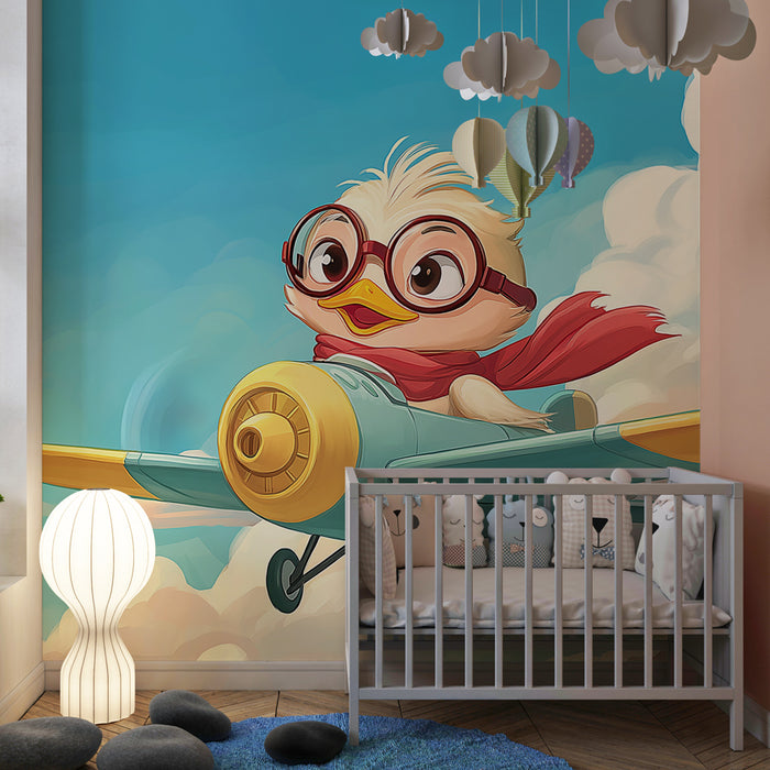 Kinderkamer behang | Kleine eend piloot in de wolken