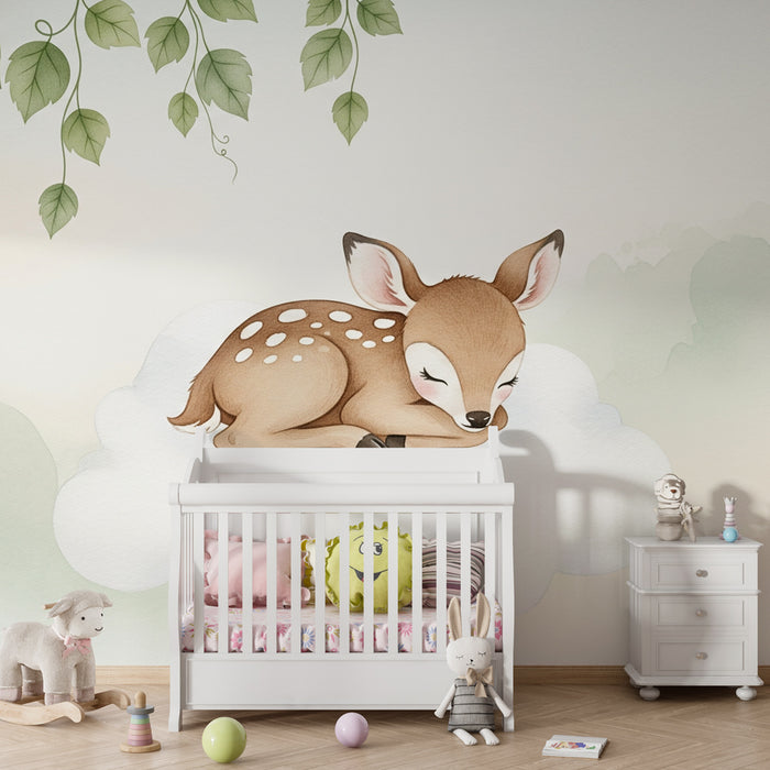 Kinderzimmer Tapete | Kleiner schlafender Hirsch auf einer Wolke