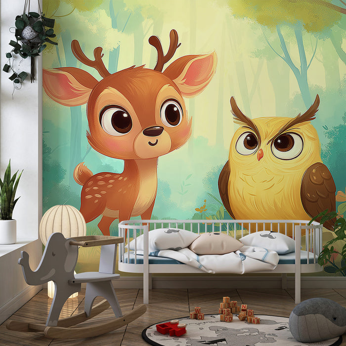 Kinderzimmer Tapete | Kleiner Hirsch und Eule in einem verzauberten Wald