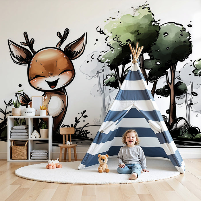 Papel de parede para quarto infantil | Pequeno veado feliz numa floresta encantada