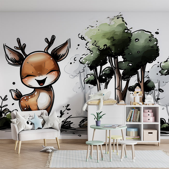 Papel de parede para quarto infantil | Pequeno veado feliz numa floresta encantada