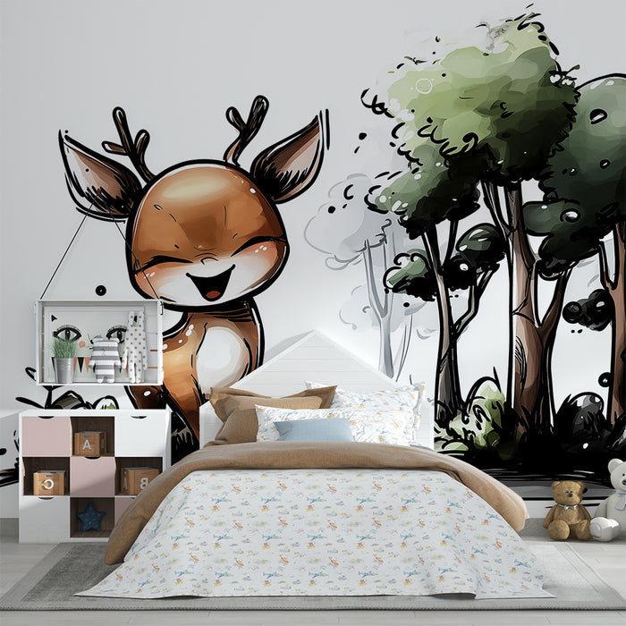 Papel de parede para quarto infantil | Pequeno veado feliz numa floresta encantada