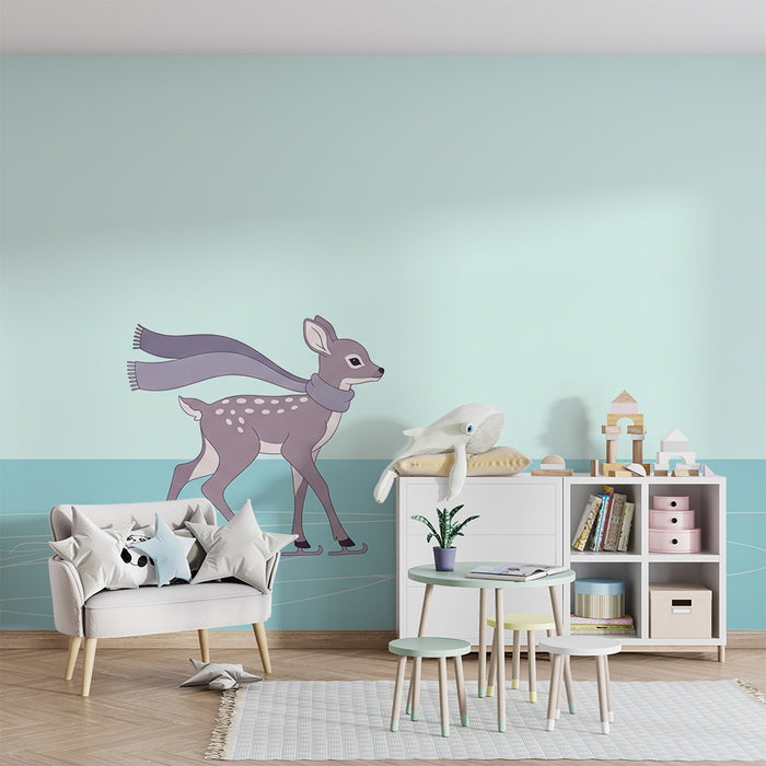 Papier peint chambre enfant | Petit cerf patineur sur glace