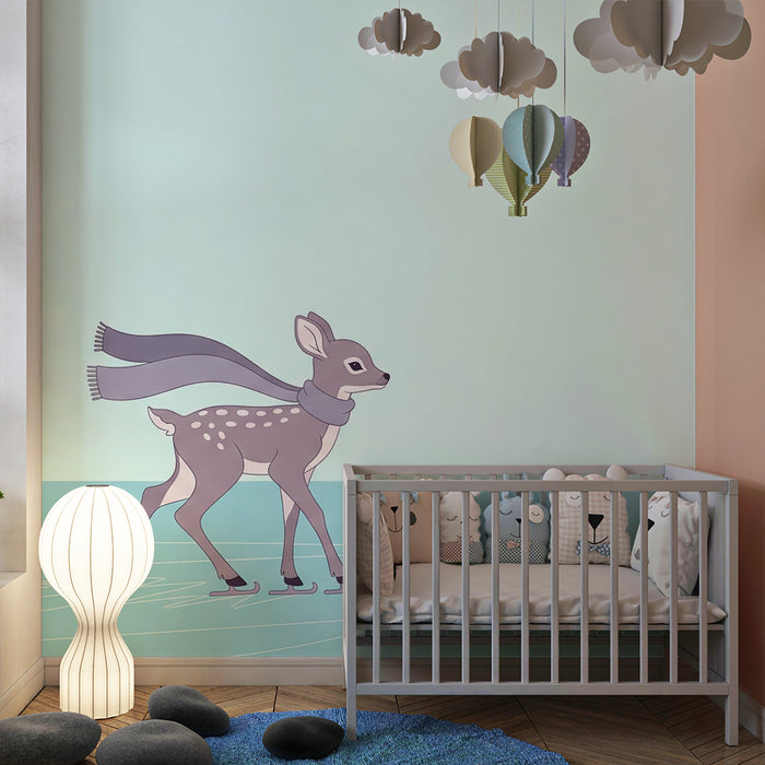 Papier peint chambre enfant | Petit cerf patineur sur glace