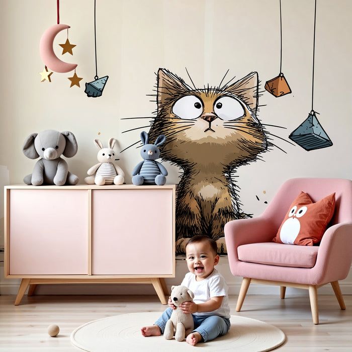 Papel pintado infantil | Gatito curioso con bloques de colores