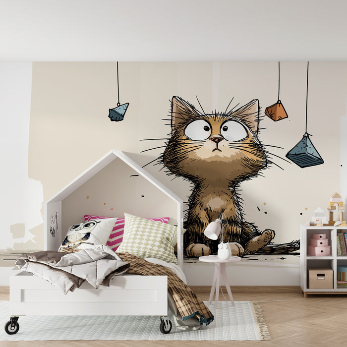 Papel pintado infantil | Gatito curioso con bloques de colores
