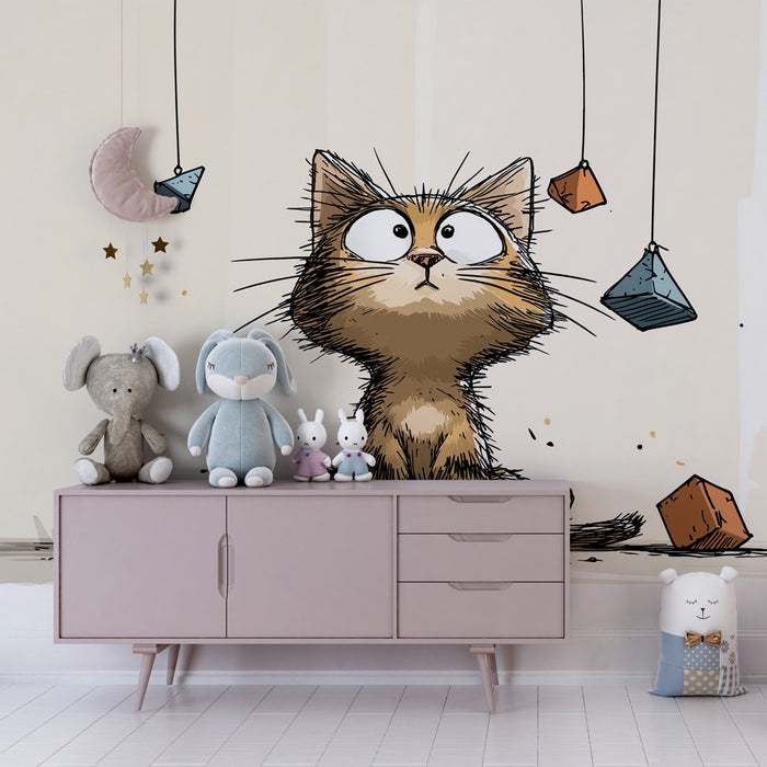 Papel pintado infantil | Gatito curioso con bloques de colores