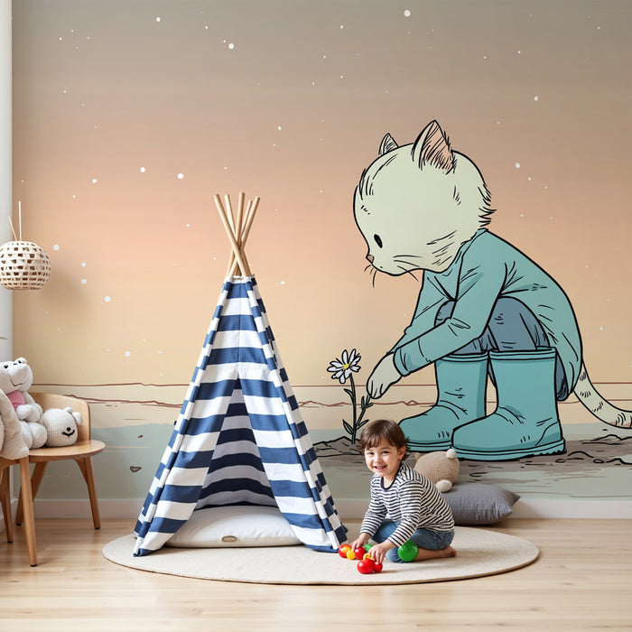 Barntapet | Liten katt planterar en blomma