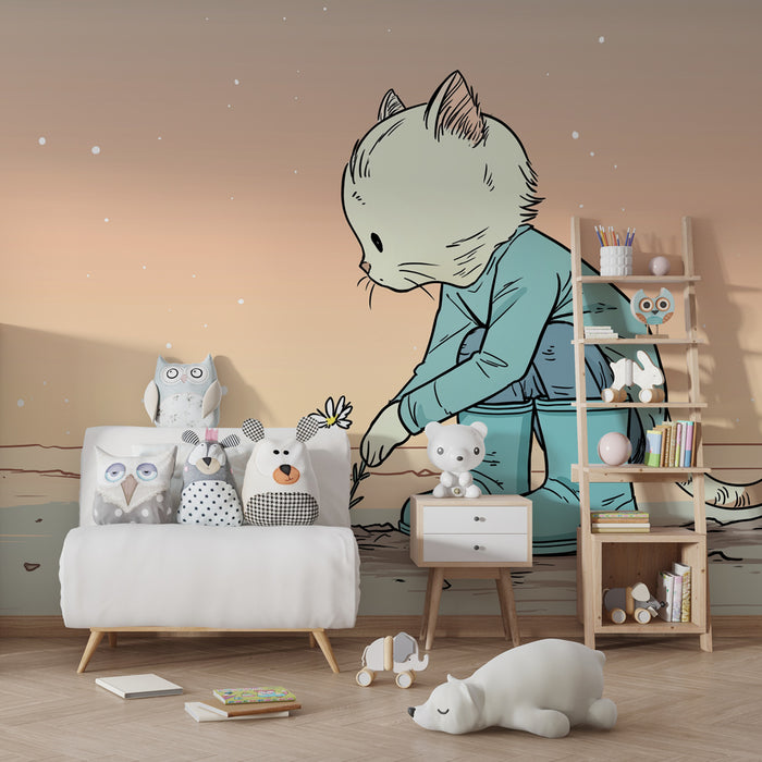 Barntapet | Liten katt planterar en blomma