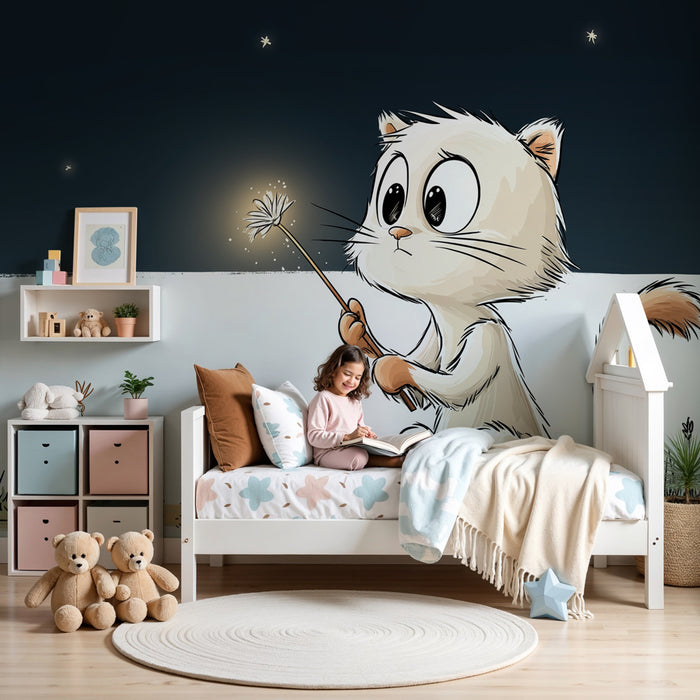 Papel pintado infantil | Pequeño gato soñador bajo las estrellas