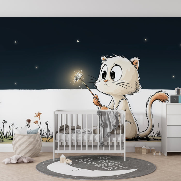Papel pintado infantil | Pequeño gato soñador bajo las estrellas