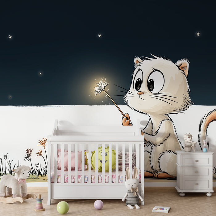 Papel pintado infantil | Pequeño gato soñador bajo las estrellas