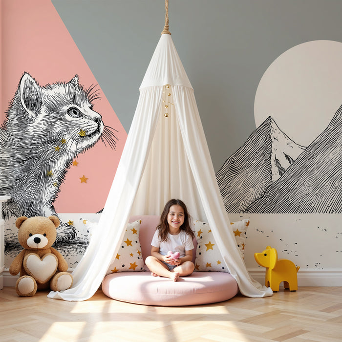 Papel de parede criança | Gatinho selvagem em uma paisagem de montanha