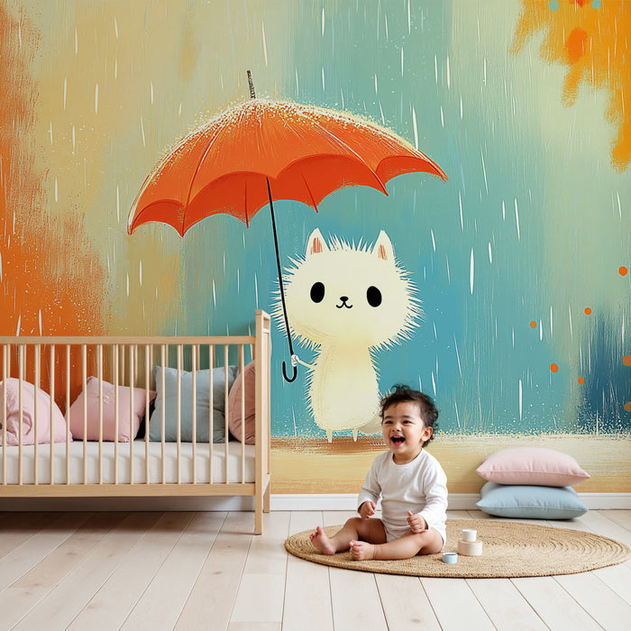 Papel pintado infantil | Gatito bajo un paraguas
