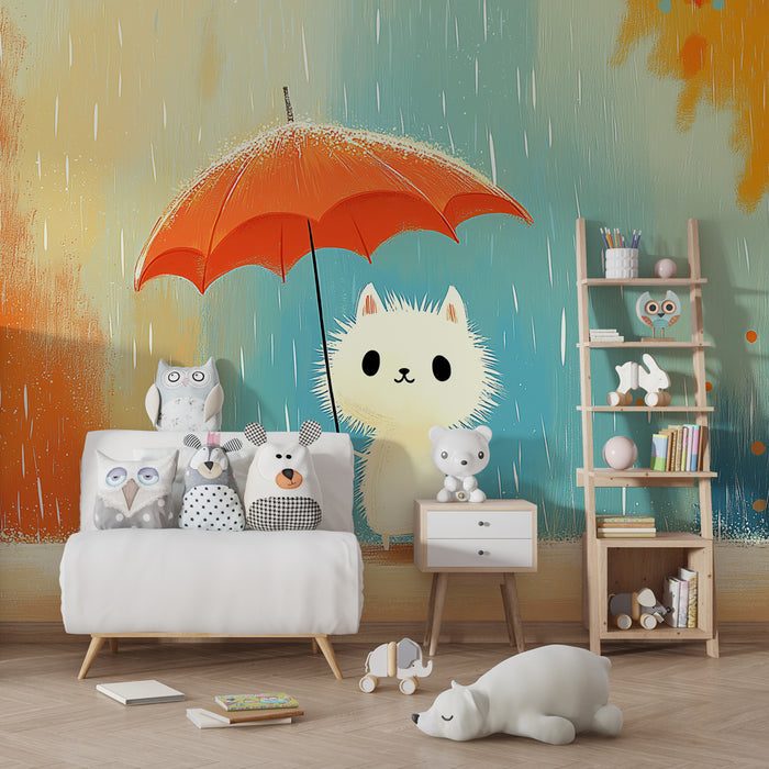 Papel pintado infantil | Gatito bajo un paraguas