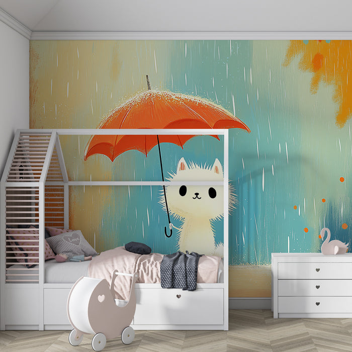 Papel pintado infantil | Gatito bajo un paraguas